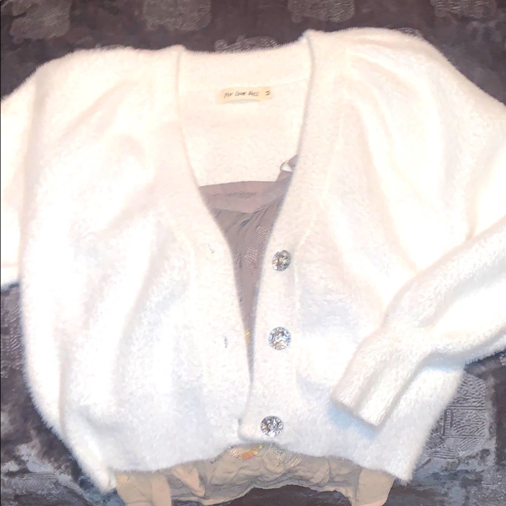 Fuzzy white bejeweled cardigan